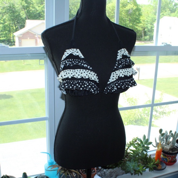 Xhilaration Black And White Polka Dotted Frilled XL String Bikini Top - Picture 2 of 6